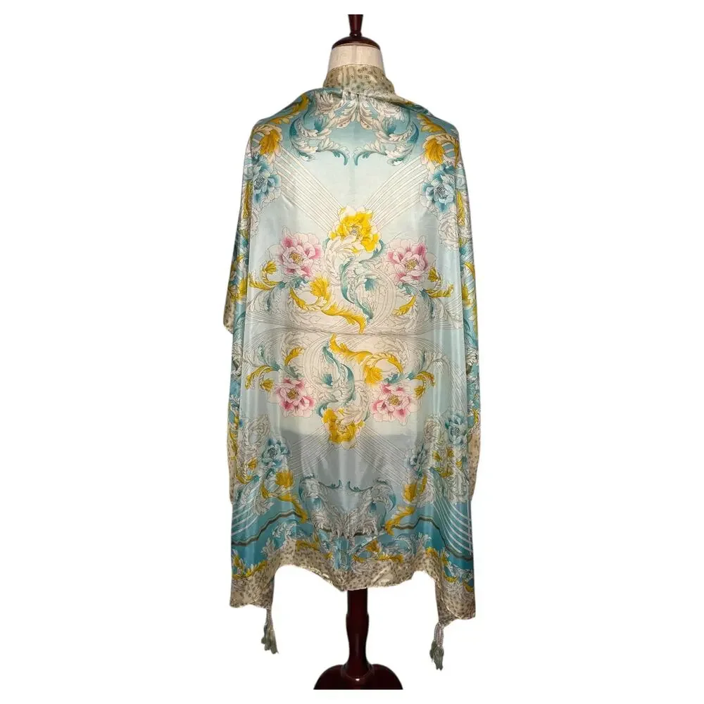 Johnny Was Silk Scarf Tassels Blue Floral Print Square Designer 42x42